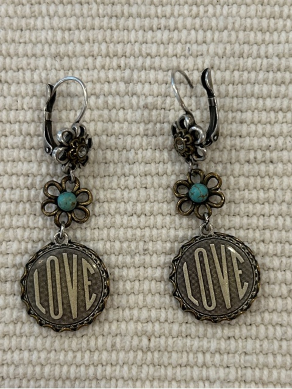 LOVE Dangle Earrings with Turquoise Flower Accent - Silver Tone